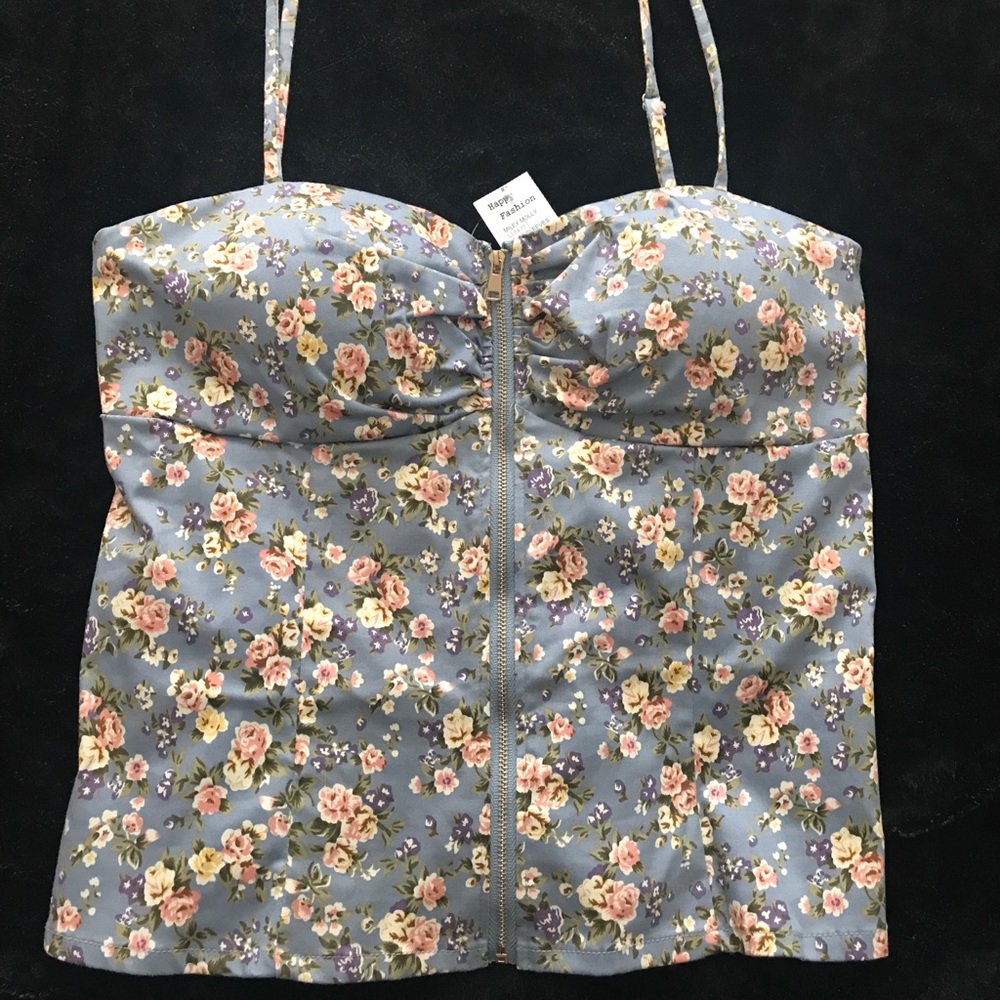 Blue flower zip up tank top